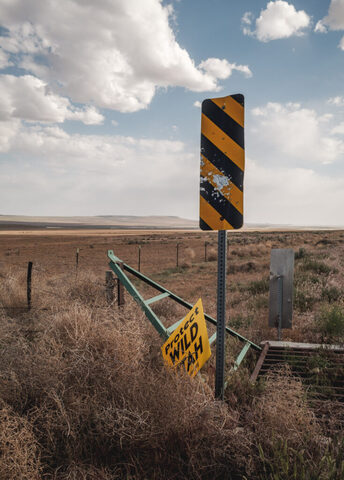 A “Protect Wild Utah” sign, which are distributed by the Southern Utah Wilderness Alliance, has blown over into a pile of tumbleweeds in Hansel Valley, in Box Elder County, near the site of the proposed Stratos Project, a massive data center planned for 40,000 acres of land, on Wednesday, May 27, 2026. (Photo by Spenser Heaps for Utah News Dispatch)