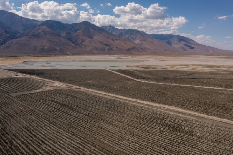 An area that has been converted to tillage as part of the Owens Lake Dust Mitigation Program is pictured on the dry lakebed in Inyo County, California, on Wednesday, Aug. 10, 2022. Tillage is one of the “best available control measures” used to mitigate dust that would otherwise be kicked up from the dry lakebed.