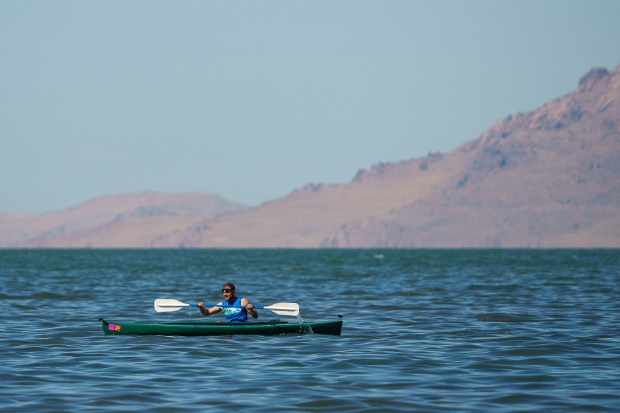 (Trent Nelson  |  The Salt Lake Tribune) A person kayaks  the Great Salt Lake on Saturday, Sept. 16, 2023.