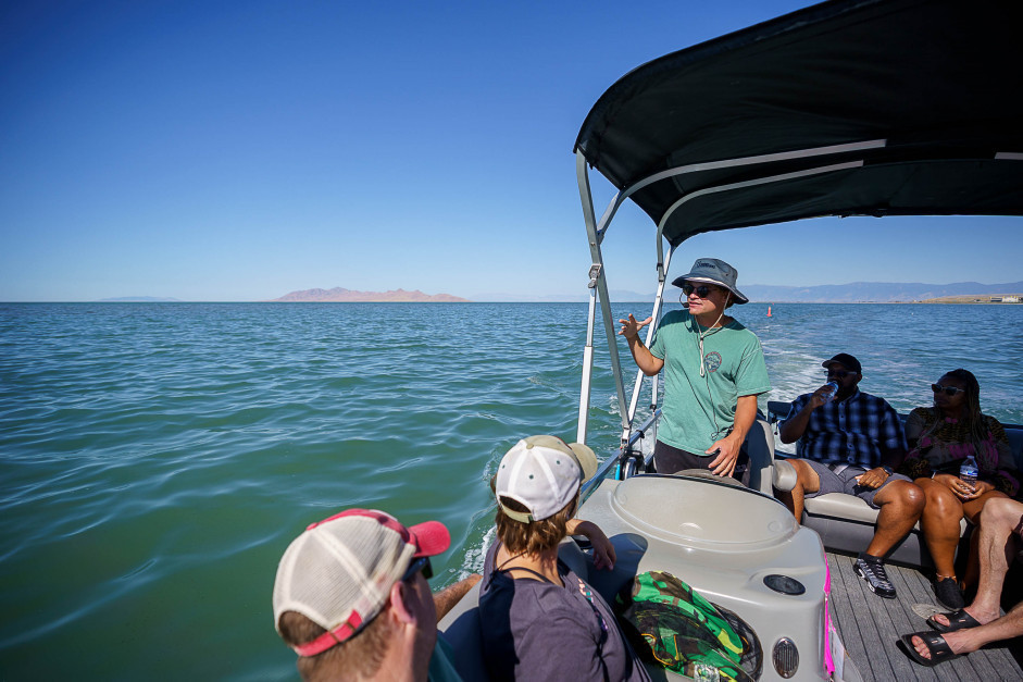 (Trent Nelson  |  The Salt Lake Tribune) Nathan Thacker pilots a sightseeing boat tour of the Great Salt Lake for Exclusive Excursions on Saturday, Sept. 16, 2023.