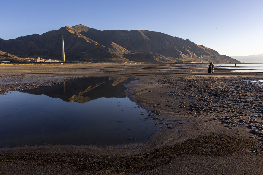 Izabel and Mary LePique take photos at the Great Salt Lake in Salt Lake City on Saturday, Sept. 24, 2022.