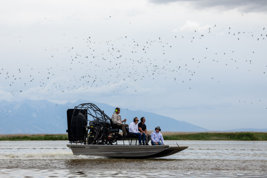 Chad Cranney, assistant wildlife manager for the Utah Division of Wildlife Resources, pilots a fan boat carrying Sen. Mitt Romney, R-Utah, Utah House Speaker Brad Wilson, R-Kaysville, and Utah Rep. Joel Ferry, R-Brigham City, left to right, on a tour of the Great Salt Lake in Farmington Bay on Friday, Aug. 19, 2022.