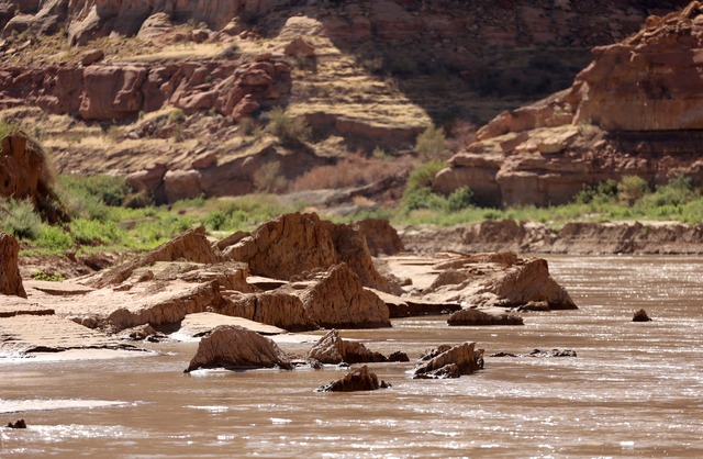 Mud deposits, referred to as mudbergs by Returning Rapids researchers, are pictured in the Colorado River by Mille Crag Bend, between Cataract Canyon and Glen Canyon Dam on Sunday, Sept. 22, 2024. The sediment filled in when this area was submerged under Lake Powell. After the lake receded, mud remains.