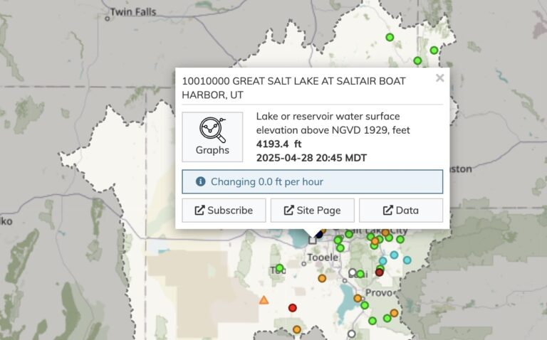 A screenshot of the USGS website displays Great Salt Lake water levels at Saltair Boat Harbor on April 28, 2025.