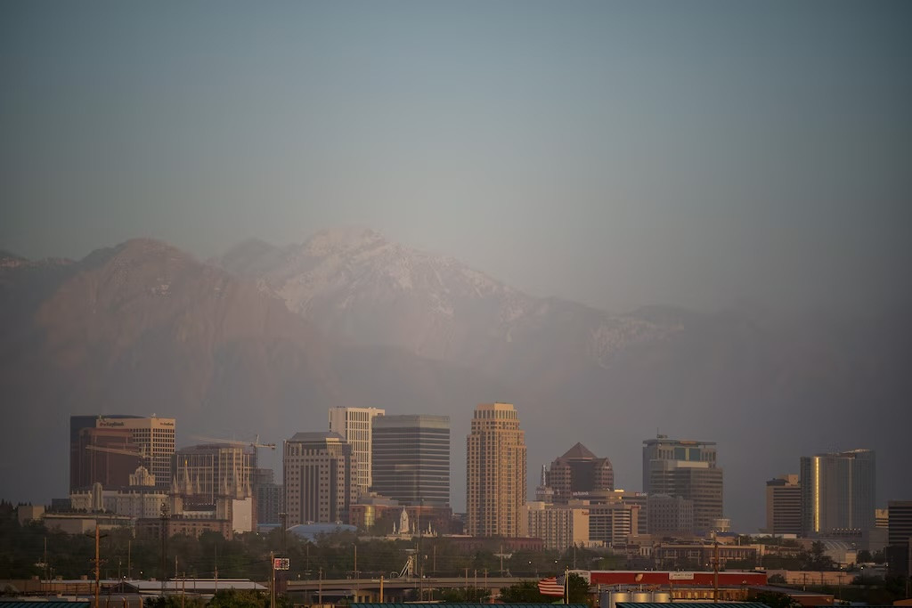 (Trent Nelson | The Salt Lake Tribune) The Salt Lake City skyline covered in dust on a windy day, Monday, May 12, 2025.