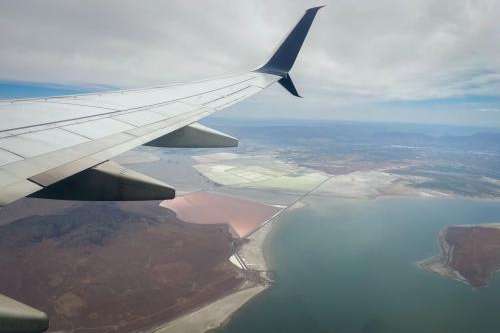 An aerial view of the southern tip of Promontory Point, the entrance to Bear River Bay and the northern edge of Fremont Island in the Great Salt Lake, June 20, 2024. (Ciara Hulet/KUER) 
