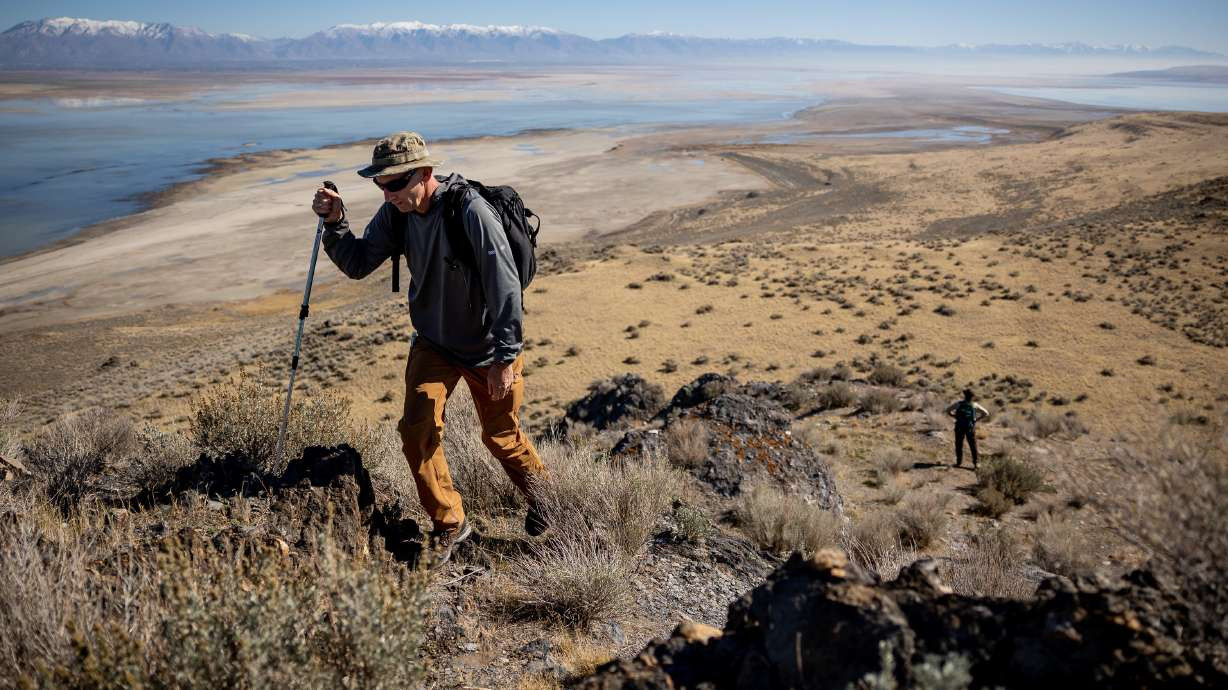 Jason Curry, then-deputy director of the Utah Division of Forestry, Fire and State Lands, hikes on Fremont Island while giving journalists a tour on Oct. 21, 2021. Fremont Island could become a potential reintroduction site for bighorn sheep. Jason Curry, then-deputy director of the Utah Division of Forestry, Fire and State Lands, hikes on Fremont Island while giving journalists a tour on Oct. 21, 2021. Fremont Island could become a potential reintroduction site for bighorn sheep. (Spenser Heaps, Deseret News) 