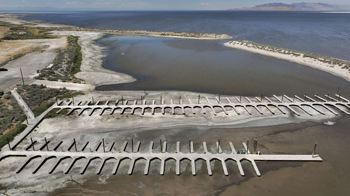Boat docks are dried up and unusable at the Antelope Island Marina on July 29, 2025. Great Salt Lake advocates are concerned about a preliminary outlook that indicates Utah could be in for a dry winter, which would be bad for the declining lake's health. (Kristin Murphy/Deseret News)