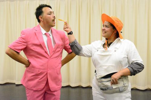 Amona Faatau (Flo) and Estephani Cerros (Eb) play their characters during a rehearsal for Plan-B Theatre's production, Eb & Flo, in  Aug. 2025. (Sharah Meservy/Plan-B Theatre)