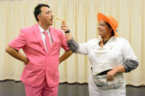 Amona Faatau (Flo) and Estephani Cerros (Eb) play their characters during a rehearsal for Plan-B Theatre's production, Eb & Flo, in  Aug. 2025. (Sharah Meservy/Plan-B Theatre)