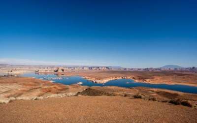  Lake Powell and the Wahweap Marina are pictured near Page, Arizona on Sunday, Feb. 2, 2025. (Photo by Spenser Heaps for Utah News Dispatch)