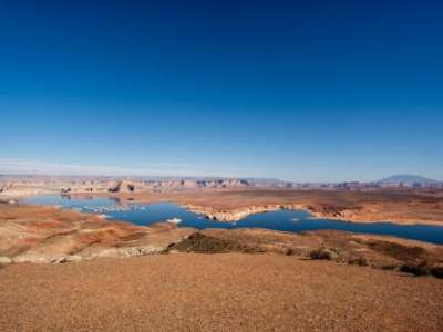  Lake Powell and the Wahweap Marina are pictured near Page, Arizona on Sunday, Feb. 2, 2025. (Photo by Spenser Heaps for Utah News Dispatch)
