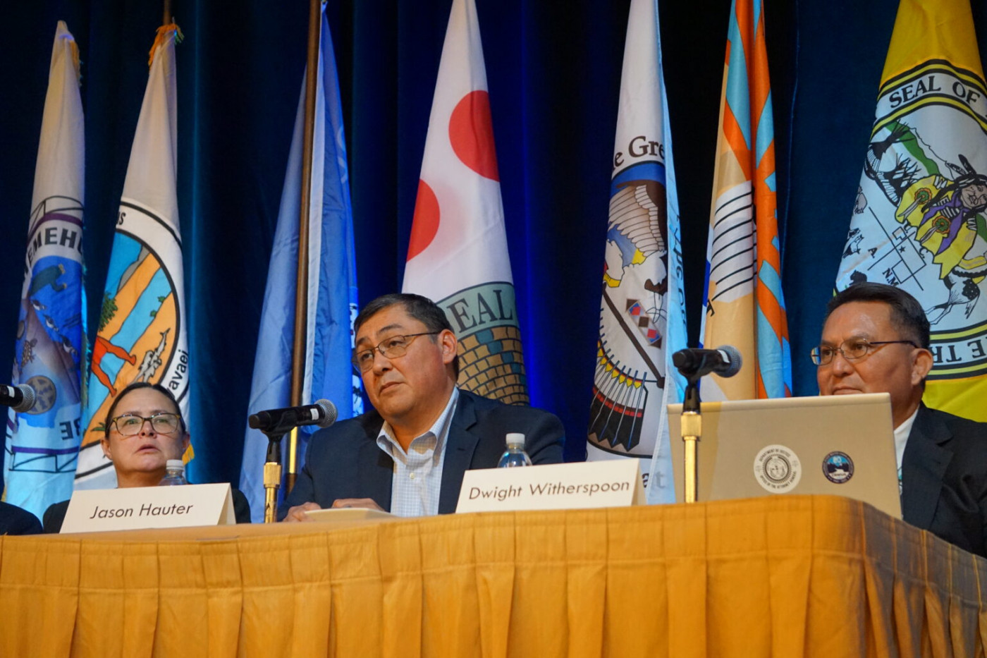 Tribal representatives speak on panel during 2025 Colorado River Water Users Association. (Left to Right) Jenny Dumas, water attorney for the Jicarilla Apache Nation, Jason Hauter, attorney for the Gila River Indian Community, Dwight Witherspoon, Attorney for the Navajo Nation Department of Justice. (Photo: Jeniffer Solis/Nevada Current)