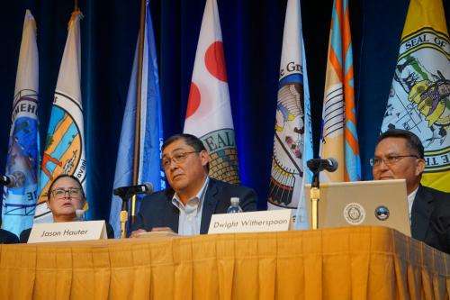Tribal representatives speak on panel during 2025 Colorado River Water Users Association. (Left to Right) Jenny Dumas, water attorney for the Jicarilla Apache Nation, Jason Hauter, attorney for the Gila River Indian Community, Dwight Witherspoon, Attorney for the Navajo Nation Department of Justice. (Photo: Jeniffer Solis/Nevada Current)