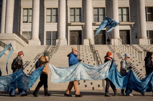  Members of the Making Waves Artist Collaborative takes part in a demonstration to bring awareness to the plight of the Great Salt Lake at the Capitol in Salt Lake City on the first day of the legislative session, Tuesday, Jan. 20, 2026. (Photo by Spenser Heaps for Utah News Dispatch)