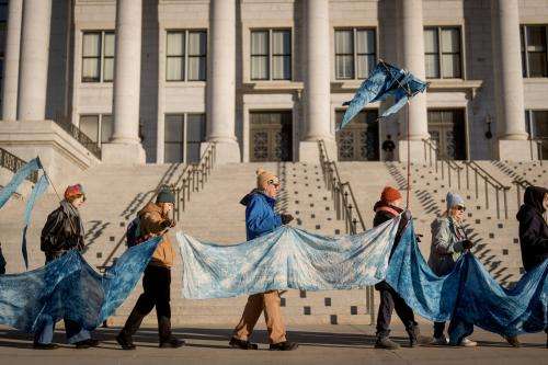 Members of the Making Waves Artist Collaborative takes part in a demonstration to bring awareness to the plight of the Great Salt Lake at the Capitol in Salt Lake City on the first day of the legislative session, Tuesday, Jan. 20, 2026. (Photo by Spenser Heaps for Utah News Dispatch)