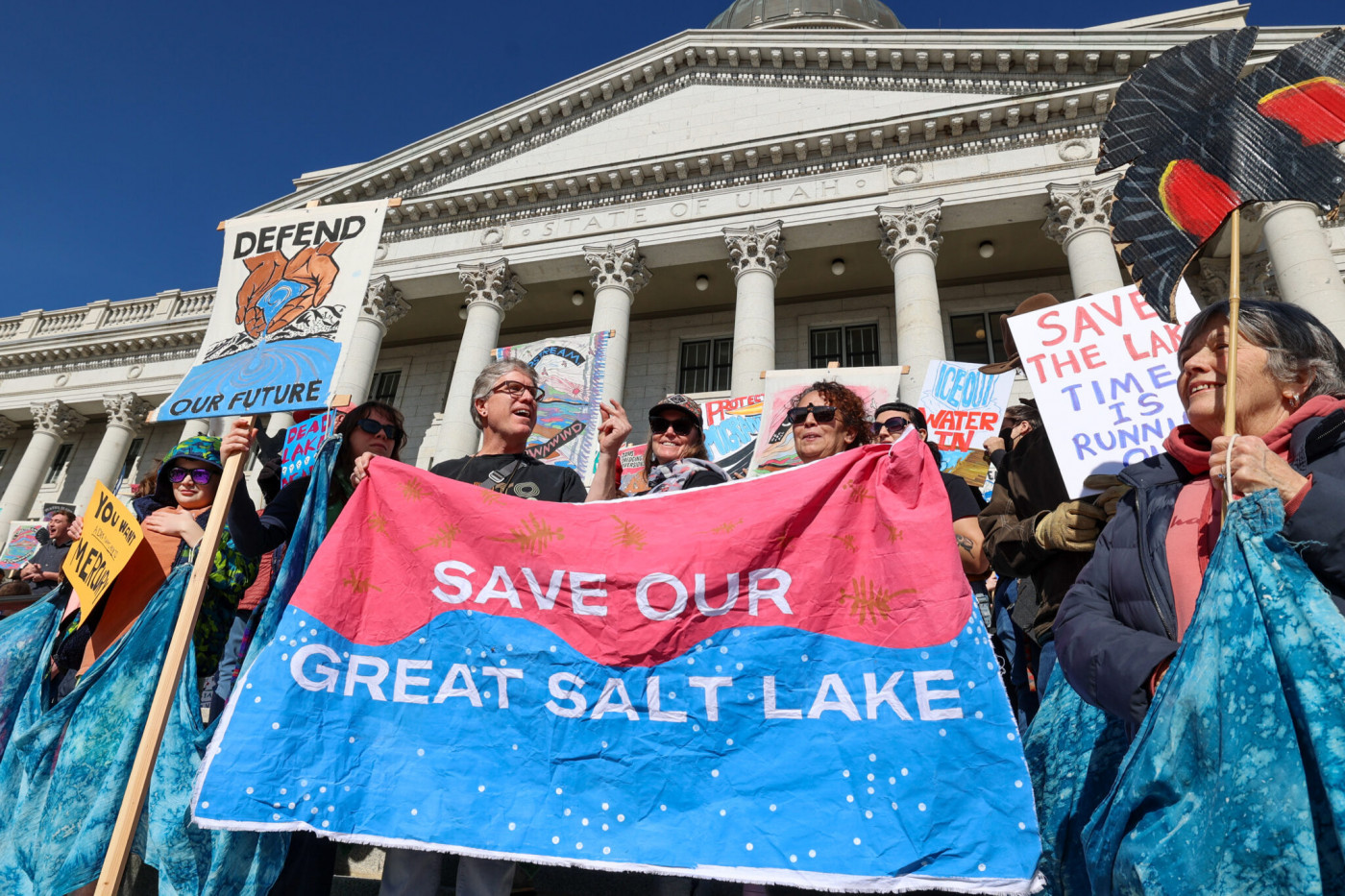  Demonstrators call for action to save the drying Great Salt Lake in a rally at the Utah State Capitol on Saturday, Jan. 31, 2026. (Will Ruzanski/Utah News Dispatch)