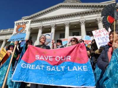  Demonstrators call for action to save the drying Great Salt Lake in a rally at the Utah State Capitol on Saturday, Jan. 31, 2026. (Will Ruzanski/Utah News Dispatch)