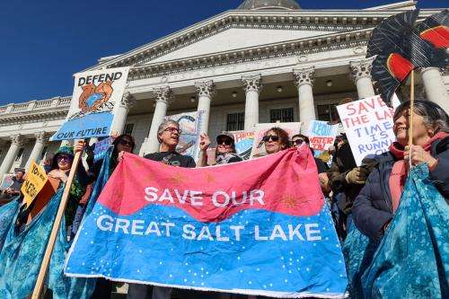  Demonstrators call for action to save the drying Great Salt Lake in a rally at the Utah State Capitol on Saturday, Jan. 31, 2026. (Will Ruzanski/Utah News Dispatch)
