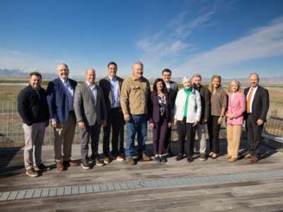 (Courtesy Great Salt Lake Rising) Members of the Larry H. Miller Foundation, FJ Management and Maverick, J. Willard andn Alice S. Marriott Foundation, Great Salt Lake Rising and Utah government at the announcement April 13, 2026.
