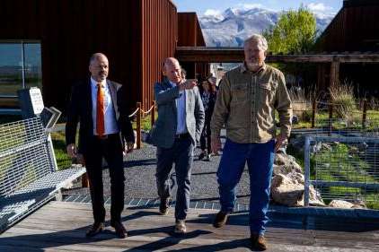 Joel Ferry points toward the Great Salt Lake as he walks with Timothy Hawkes and Greg Miller to the observation deck at the Eccles Wildlife Education Center in Farmington on Monday. Joel Ferry points toward the Great Salt Lake as he walks with Timothy Hawkes and Greg Miller to the observation deck at the Eccles Wildlife Education Center in Farmington on Monday. (Rio Giancarlo, Deseret News)