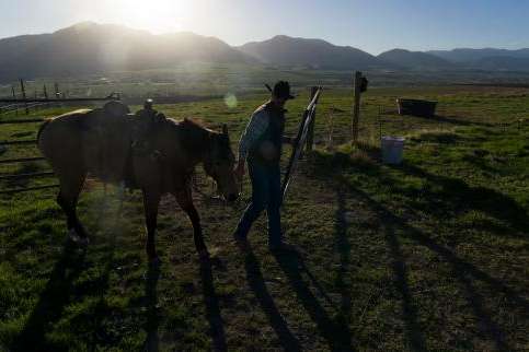 (Bethany Baker | The Salt Lake Tribune) Spencer Butterfield opens the gate to a pasture during a trail ride at Golden Hour Farm in Hyrum on Thursday, March 26, 2026.