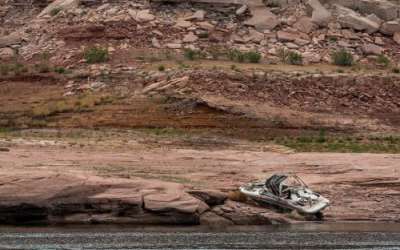 (Francisco Kjolseth | The Salt Lake Tribune) An abandoned boat is pictured on Lake Powell on Saturday, April 25, 2026. (Francisco Kjolseth | The Salt Lake Tribune) An abandoned boat is pictured on Lake Powell on Saturday, April 25, 2026.