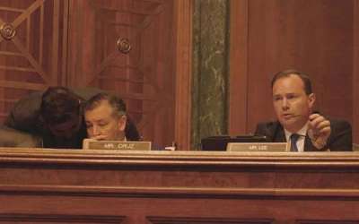 In this July 2022 file photo, Republican Sen. Mike Lee of Utah, right, grills Arizona attorney Roopali Desai on her previous advocacy during a hearing on her nomination to a seat on the 9th U.S. Circuit Court of Appeals. At left is Sen. Ted Cruz, R-Texas. (Photo by Morgan Fischer/Cronkite News) In this July 2022 file photo, Republican Sen. Mike Lee of Utah, right, grills Arizona attorney Roopali Desai on her previous advocacy during a hearing on her nomination to a seat on the 9th U.S. Circuit Court of Appeals. At left is Sen. Ted Cruz, R-Texas. (Photo by Morgan Fischer/Cronkite News)