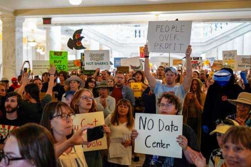 (Chris Samuels | The Salt Lake Tribune) People protest the Stratos data center project at the Capitol in Salt Lake City, Thursday, May 14, 2026.