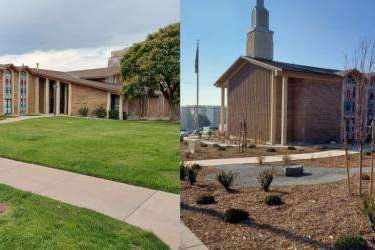 (The Church of Jesus Christ of Latter-day Saints) A meetinghouse in Salt Lake City before and after a shift to a water-wise landscaping.