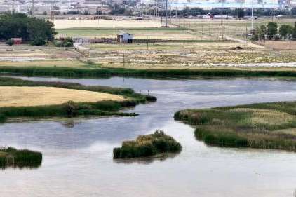 Wetlands of the Great Salt Lake and industrial properties located on 2200 West in Salt Lake City on Wednesday. The Utah Inland Port Authority announced new funding and partnerships that seek to improve the Great Salt Lake ecosystem. (Laura Seitz, Deseret News)