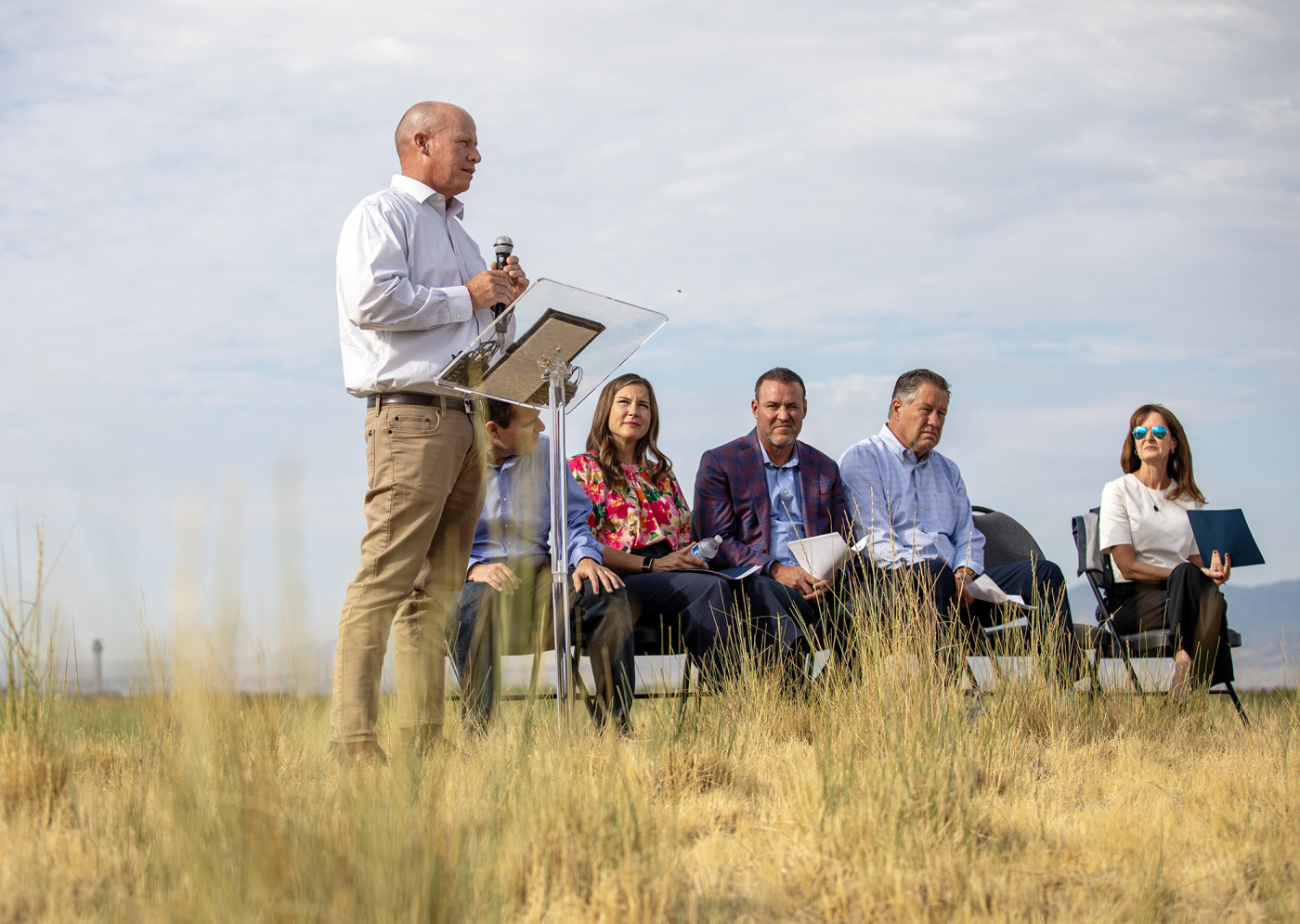 Joel Ferry, commissioner of Utah’s Department of Natural Resources, addresses reporters near the southeast shore of the Great Salt Lake on Wednesday, July 15, 2026. (Ashley Detrick/Salt Lake City Mayor’s Office)