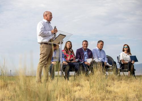 Joel Ferry, commissioner of Utah’s Department of Natural Resources, addresses reporters near the southeast shore of the Great Salt Lake on Wednesday, July 15, 2026. (Ashley Detrick/Salt Lake City Mayor’s Office)