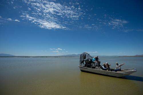 (Trent Nelson | The Salt Lake Tribune) At right, Tim Davis, Utah Department of Environmental Quality, briefs U.S. Sen. John Curtis and Environmental Protection Agency (EPA) Administrator Lee Zeldin during a tour of the Great Salt Lake on Saturday, May 23, 2026.