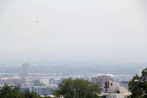 Wildfire smoke obscures the view of Salt Lake City from the Utah Capitol on June 23, 2026. (McKenzie Romero/Utah News Dispatch)