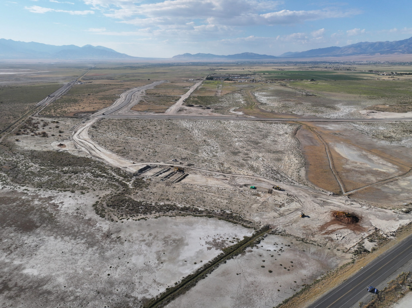 The Utah Inland Port Authority’s Tooele Valley Project Area is pictured with a view of a new road and rail line leading into Grantsville in September 2025. (Photo courtesy of the Utah Inland Port Authority)