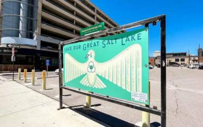 A painting from the Celebration of the Hand: Save Our Great Salt Lake on 300 South in Salt Lake City Tuesday afternoon. It is one of over a dozen that highlight the issues with the drying Great Salt Lake, which reached a record low this week. (Photo: Carter Williams, KSL.com)
