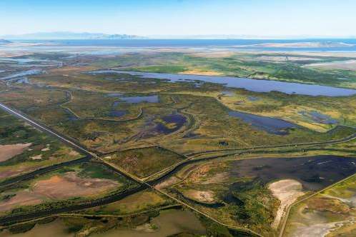 (Rick Egan | The Salt Lake Tribune) Wetland by the Great Salt Lake is photographed Tuesday, Sept. 5, 2023, from an aerial tour provided by EcoFlight.
