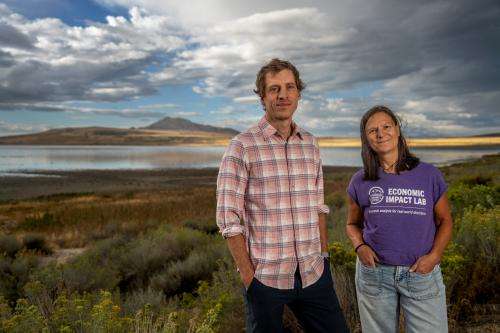 (Weber State University) Therese Cavlovic, right, and Matt Gnagey, professors in Weber State University&rsquo;s Department of Economics, are seen at the Great Salt Lake on Sept. 17, 2026. They led research aimed at estimating the economic value of the Great Salt Lake.