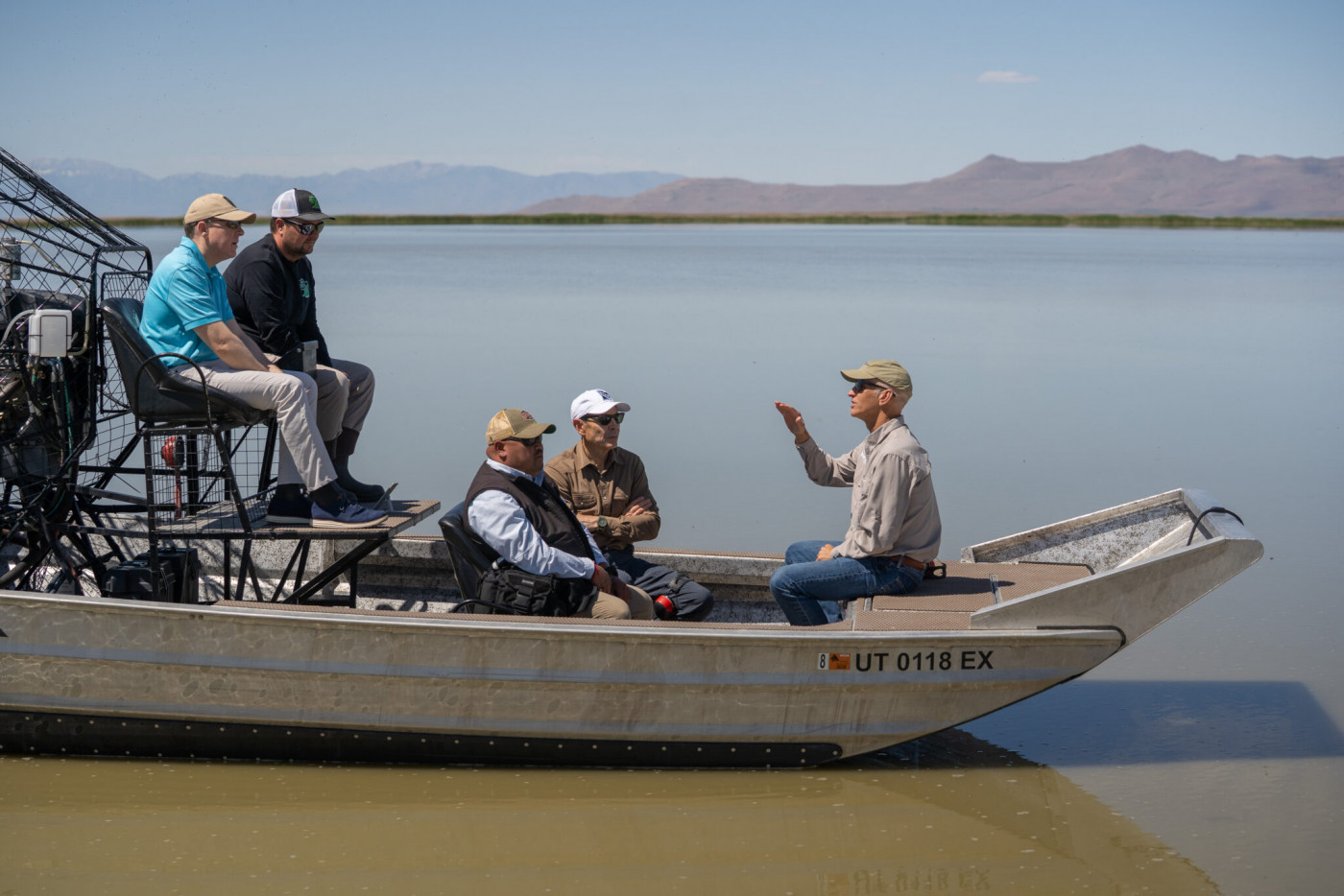 At right, Tim Davis, Utah Department of Environmental Quality commissioner, briefs U.S. Sen. John Curtis and Environmental Protection Agency Administrator Lee Zeldin during a tour of the Great Salt Lake at Farmington Bay on Saturday, May 23, 2026. (Pool photo by Trent Nelson/The Salt Lake Tribune)