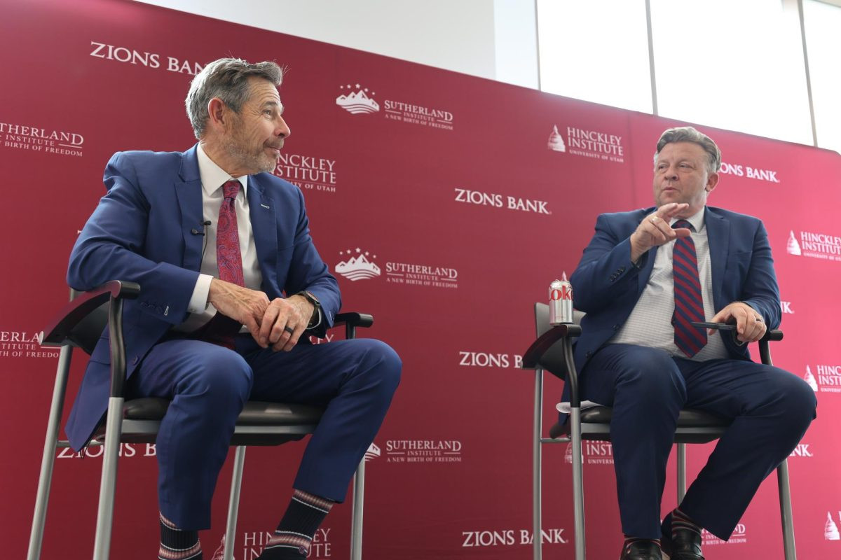 Utah State Senator Todd Weiler, R-Woods Cross questions U.S. Senator John Curtis, R-UT, at a forum co-hosted by the Hinckley Institute of Politics on Oct. 19, 2026. (Photo by Will Ruzanski | The Daily Utah Chronicle)