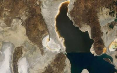 The drying north end of the Great Salt Lake as captured by Landsat 8 on July 24, 2021. Courtesy NASA