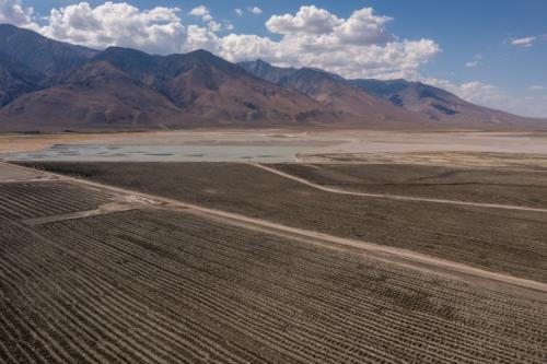 An area that has been converted to tillage as part of the Owens Lake Dust Mitigation Program is pictured on the dry lakebed in Inyo County, California, on Wednesday, Aug. 10, 2022. Tillage is one of the “best available control measures” used to mitigate dust that would otherwise be kicked up from the dry lakebed. (Spenser Heaps/Deseret News)