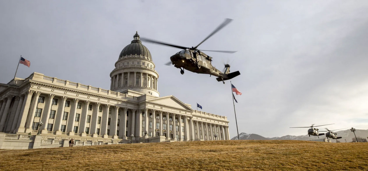 Three Black Hawk helicopters from the Utah Army National Guard carrying Utah lawmakers lift off from the south lawn of the Capitol in Salt Lake City for an aerial tour of the Great Salt Lake on Tuesday, Feb. 15, 2022.  Scott G Winterton, Deseret News