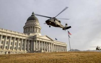Three Black Hawk helicopters from the Utah Army National Guard carrying Utah lawmakers lift off from the south lawn of the Capitol in Salt Lake City for an aerial tour of the Great Salt Lake on Tuesday, Feb. 15, 2022.  Scott G Winterton, Deseret News