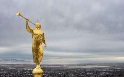 (Leah Hogsten | The Salt Lake Tribune) The Angel Moroni atop The Church of Jesus Christ of Latter-day Saints' Bountiful Temple is shown in December 2022 with the shriveling Great Salt Lake in the background. A dying Great Salt Lake could make the historic home of The Church of Jesus Christ of Latter-day Saints uninhabitable. What is the Utah-based faith doing to prevent it — and what do environmentalists think it should do?