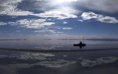 Brian Footen paddles his kayak along the Great Salt Lake near the Spiral Jetty, just south of the Rozel Point peninsula on the northeastern shore, March 25, 2022. | Leah Hogsten, The Salt Lake Tribune 