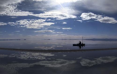 Brian Footen paddles his kayak along the Great Salt Lake near the Spiral Jetty, just south of the Rozel Point peninsula on the northeastern shore, March 25, 2022. | Leah Hogsten, The Salt Lake Tribune 