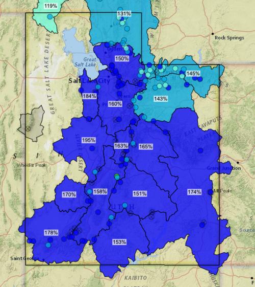 This screengrab of a map from the U.S. Department of Agriculture's Natural Resources Conservation Service website shows that the snow-water equivalent in the Weber River basin amounted to 150% of the 30-year average as of Wednesday, Feb. 8, 2023.