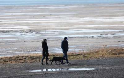 A couple and their dog walk near the Great Salt Lake on Tuesday, Feb. 7, 2023. Jeffrey D. Allred, Deseret News